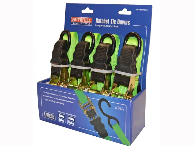 Faithfull Ratchet Tie-Downs 5m x 25mm - Green (Pack of 4)