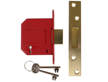 StrongBOLT Lever Mortice Deadlock 81mm x 89mm (3in) - Satin Brass Box